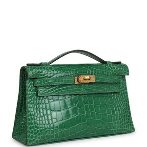 Green embossed Crocodile Handbag H Kelly Pochette Cactus Shiny Alligator GHW